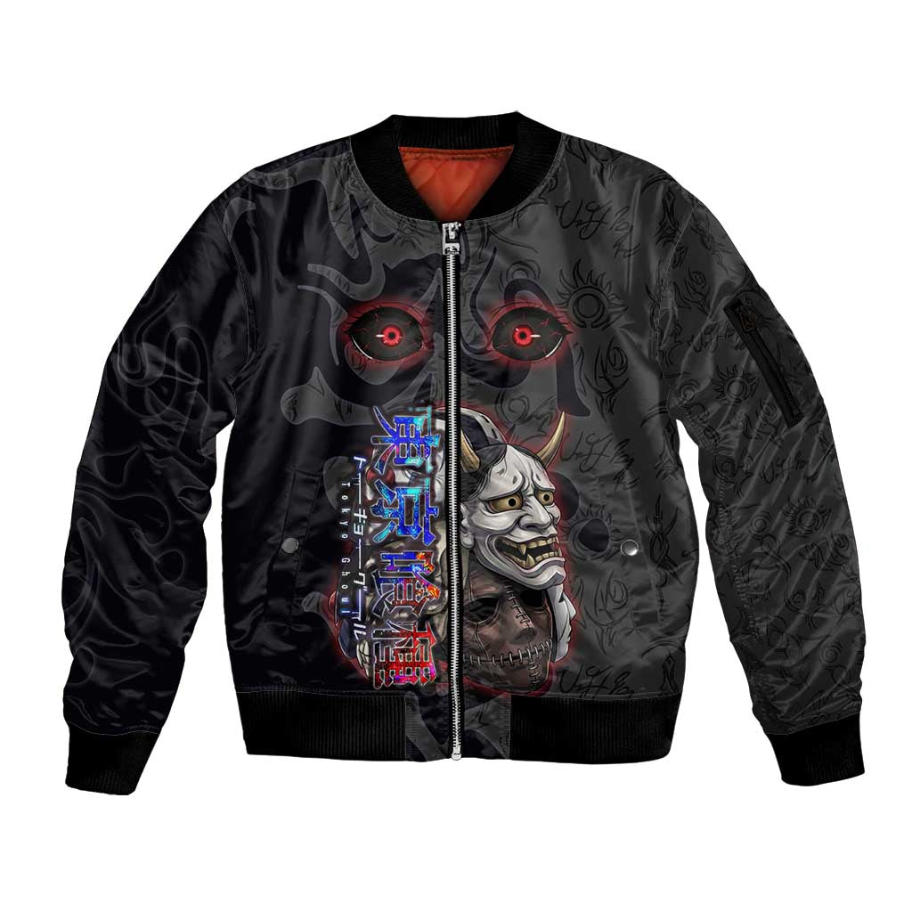Uta Tokyo Ghoul Sleeve Zip Bomber Jacket Dark Urban Tattoo Style with Oni Mask Elements