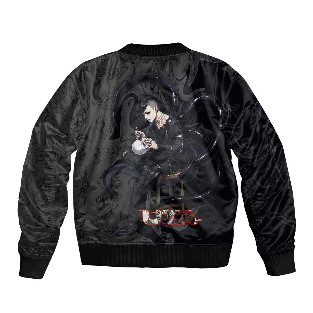 Uta Tokyo Ghoul Sleeve Zip Bomber Jacket Dark Urban Tattoo Style with Oni Mask Elements