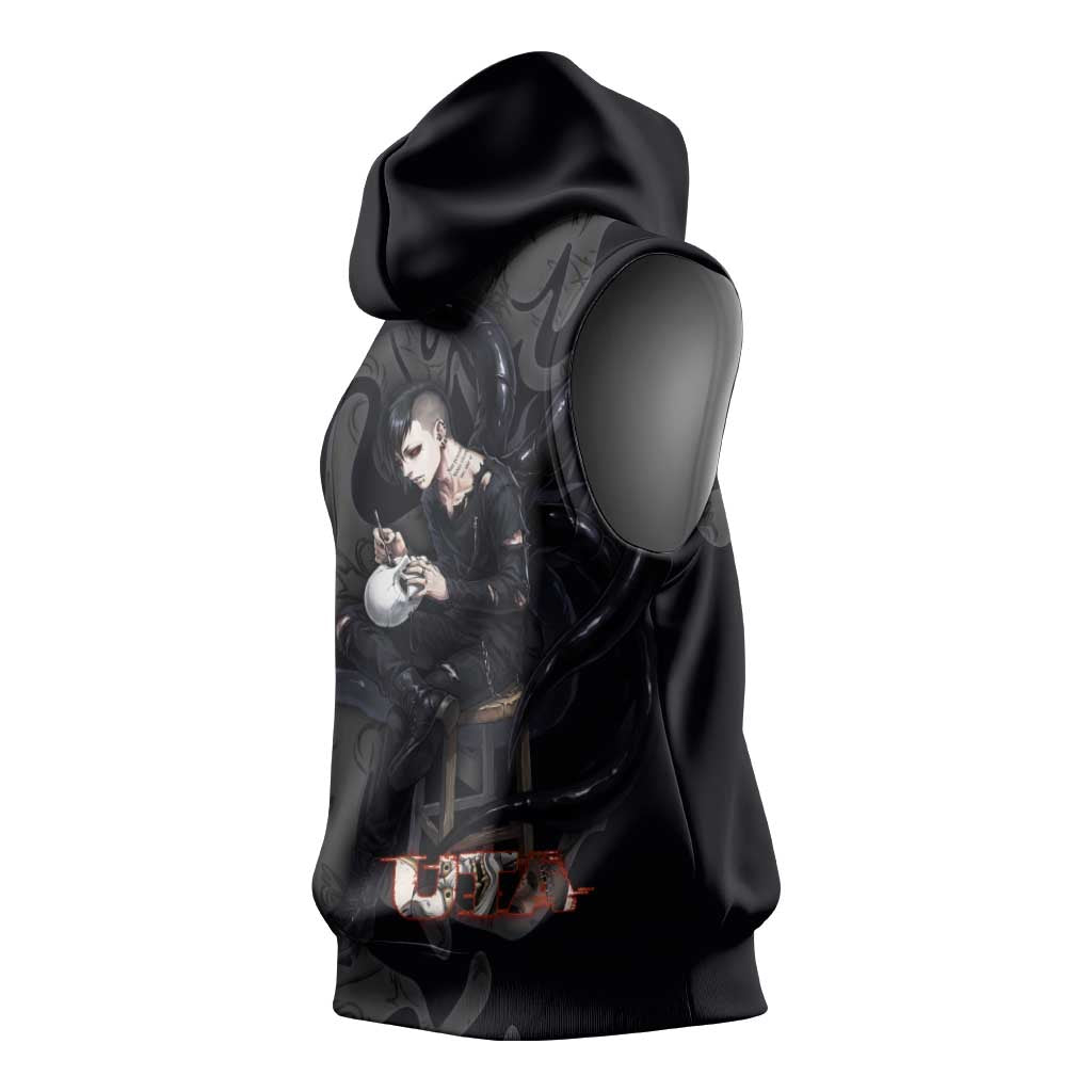 Uta Tokyo Ghoul Sleeveless Hoodie Dark Urban Tattoo Style with Oni Mask Elements