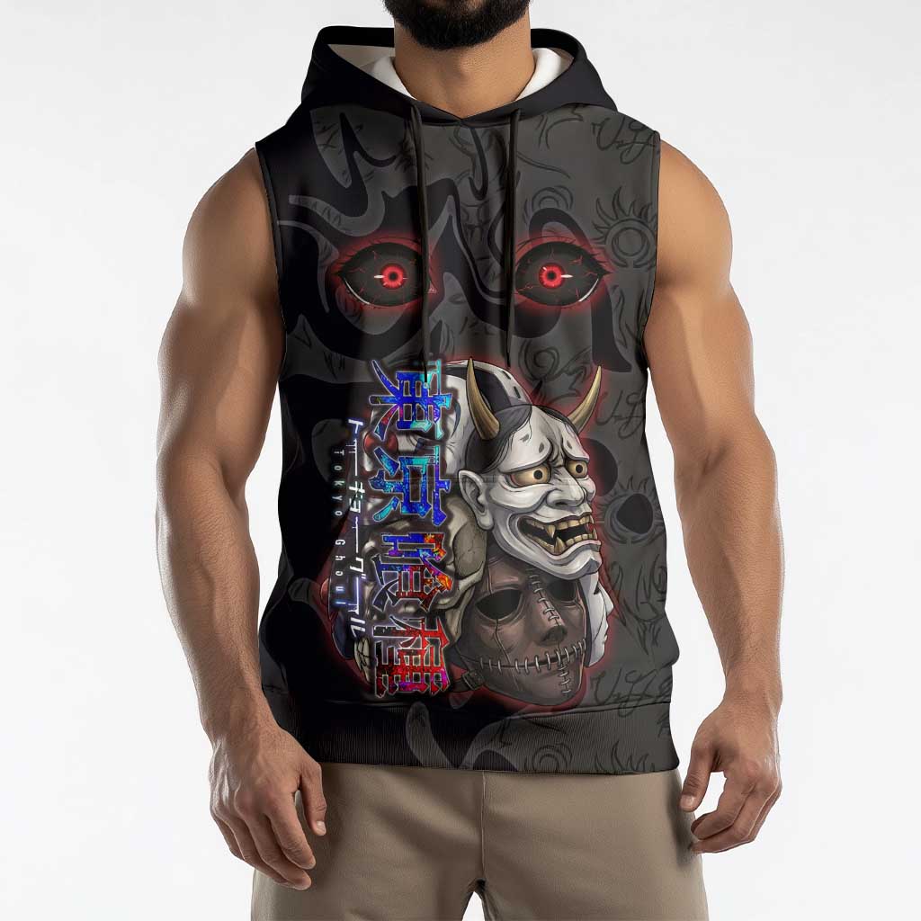 Uta Tokyo Ghoul Sleeveless Hoodie Dark Urban Tattoo Style with Oni Mask Elements