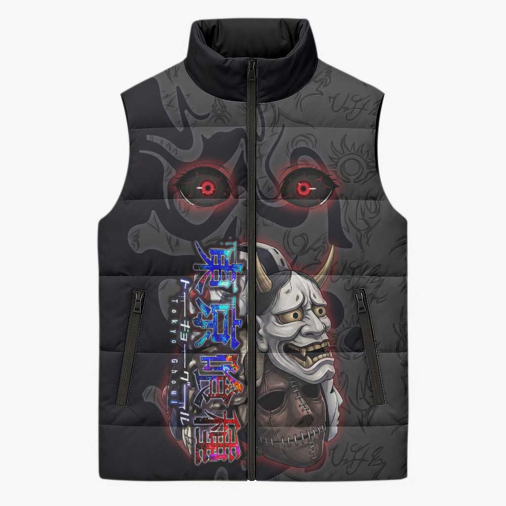 Uta Tokyo Ghoul Sleeveless Puffer Jacket Dark Urban Tattoo Style with Oni Mask Elements