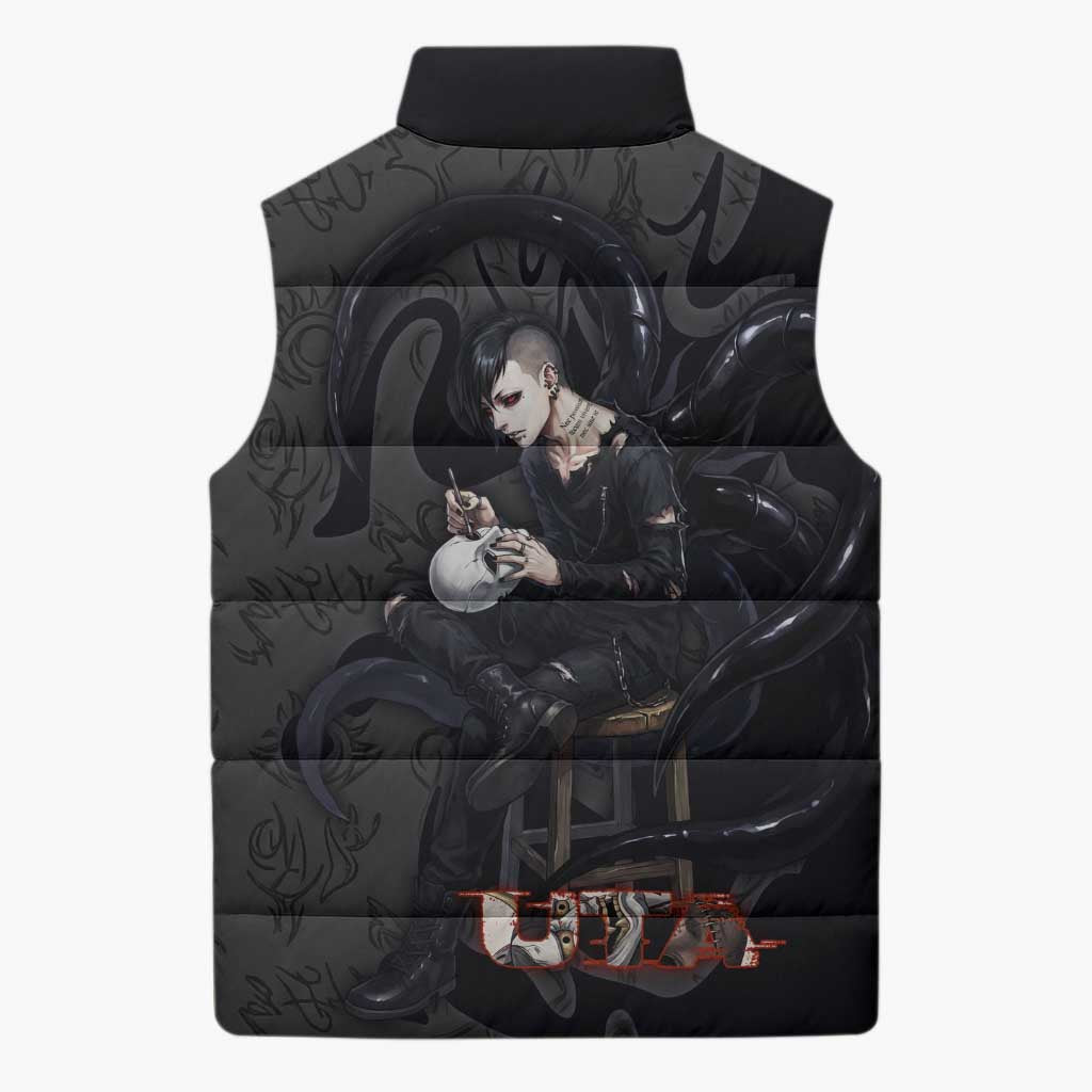 Uta Tokyo Ghoul Sleeveless Puffer Jacket Dark Urban Tattoo Style with Oni Mask Elements