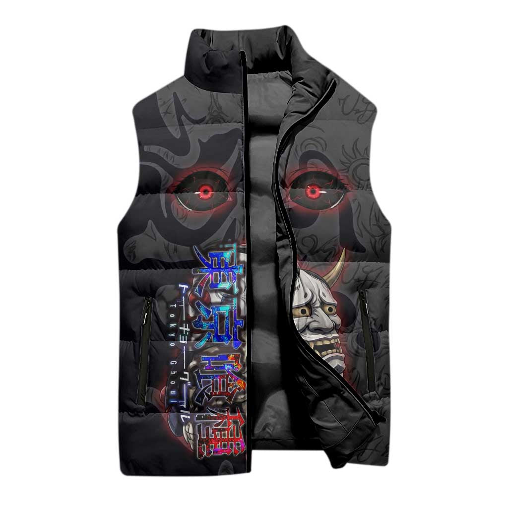 Uta Tokyo Ghoul Sleeveless Puffer Jacket Dark Urban Tattoo Style with Oni Mask Elements