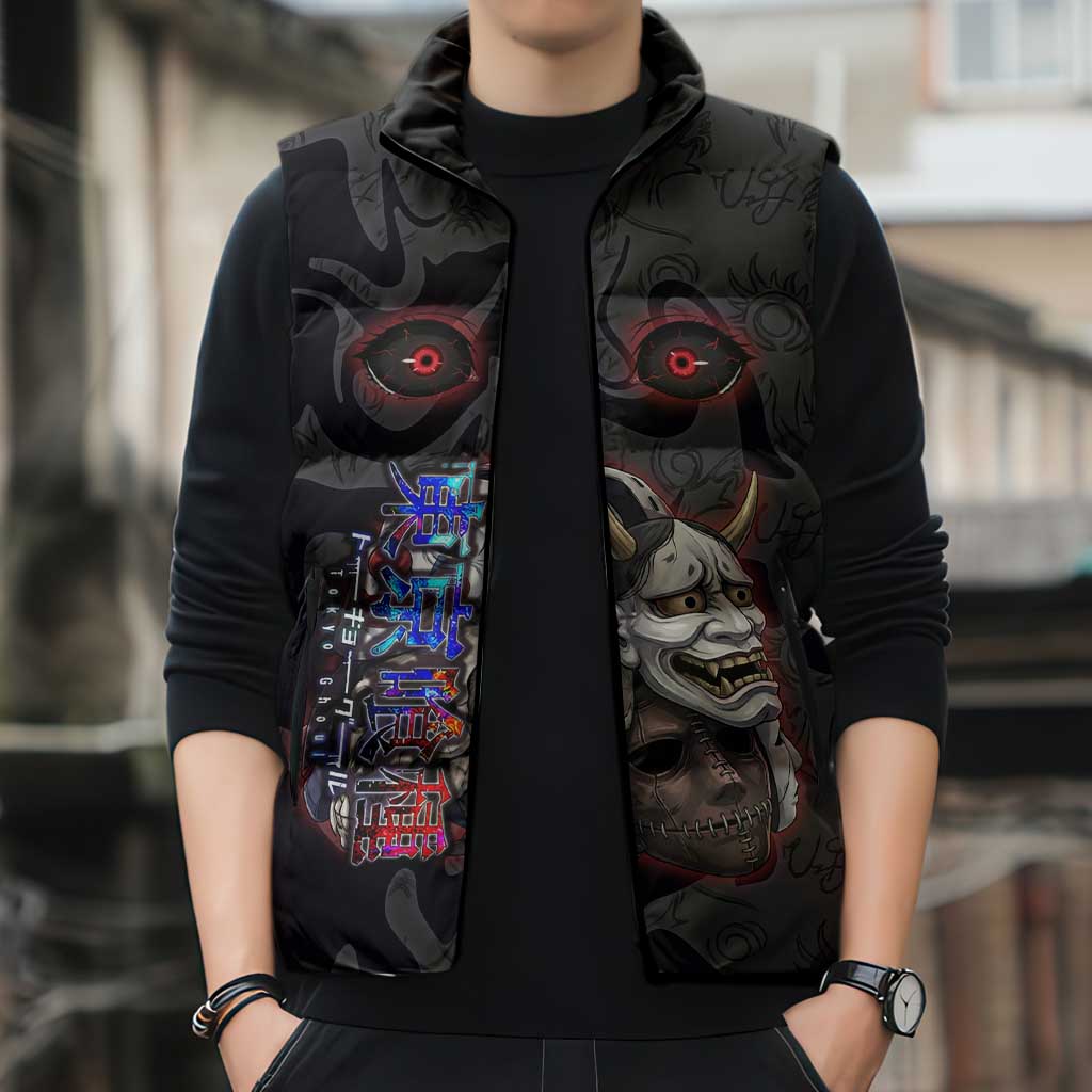 Uta Tokyo Ghoul Sleeveless Puffer Jacket Dark Urban Tattoo Style with Oni Mask Elements