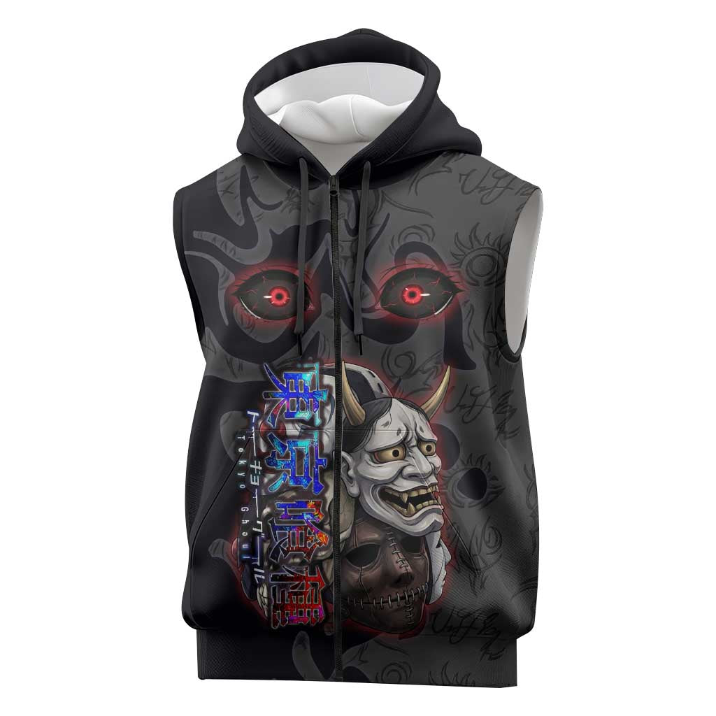 Uta Tokyo Ghoul Sleeveless Zip Hoodie Dark Urban Tattoo Style with Oni Mask Elements