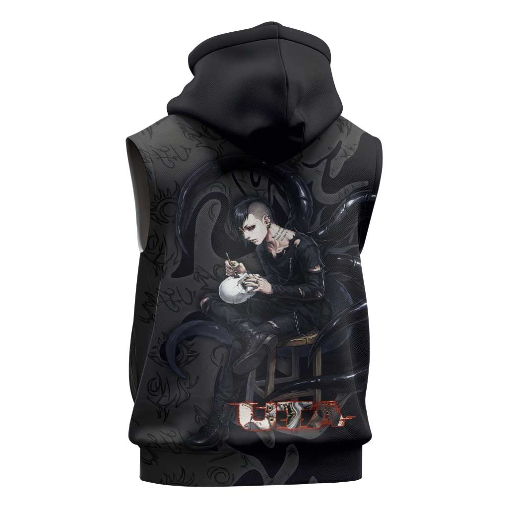 Uta Tokyo Ghoul Sleeveless Zip Hoodie Dark Urban Tattoo Style with Oni Mask Elements