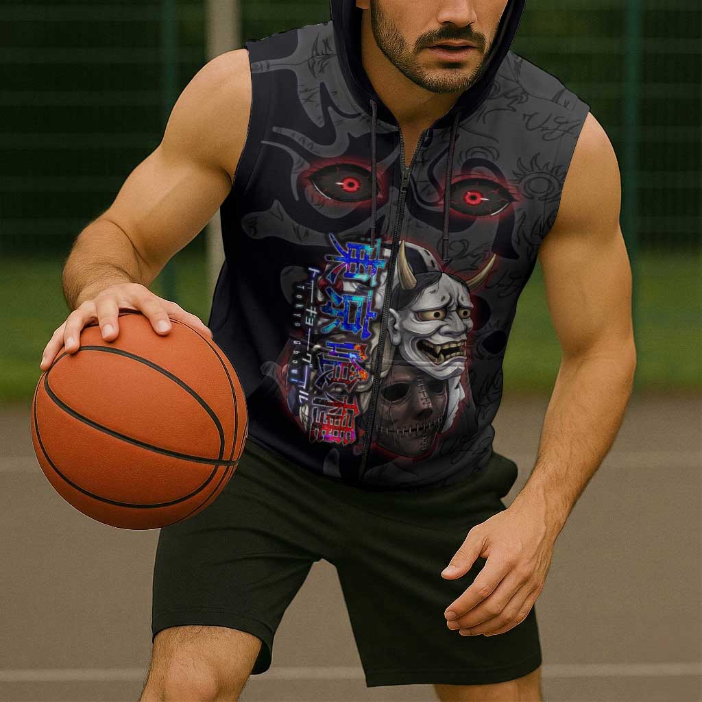 Uta Tokyo Ghoul Sleeveless Zip Hoodie Dark Urban Tattoo Style with Oni Mask Elements