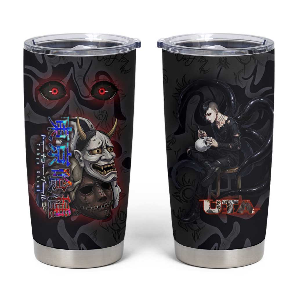 Uta Tokyo Ghoul Tumbler Cup Dark Urban Tattoo Style with Oni Mask Elements