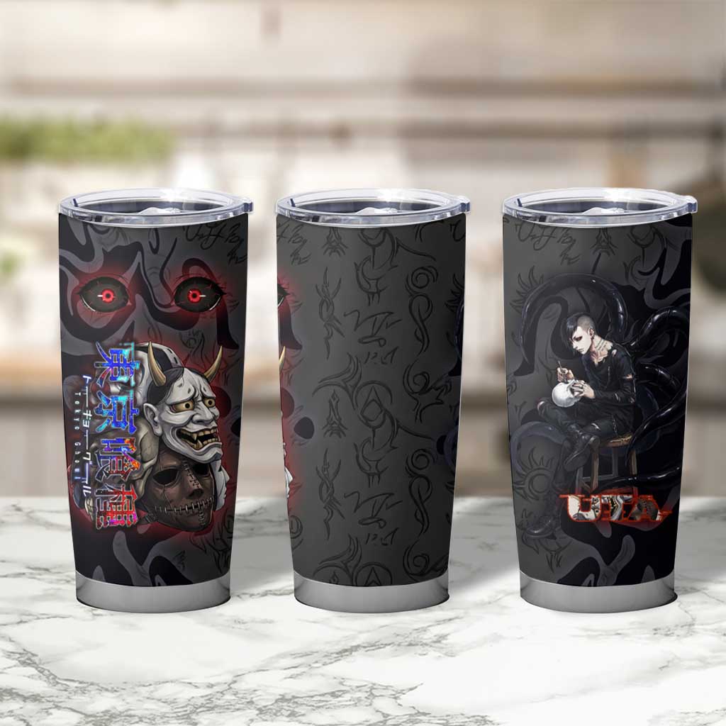 Uta Tokyo Ghoul Tumbler Cup Dark Urban Tattoo Style with Oni Mask Elements