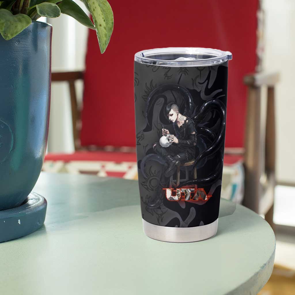 Uta Tokyo Ghoul Tumbler Cup Dark Urban Tattoo Style with Oni Mask Elements