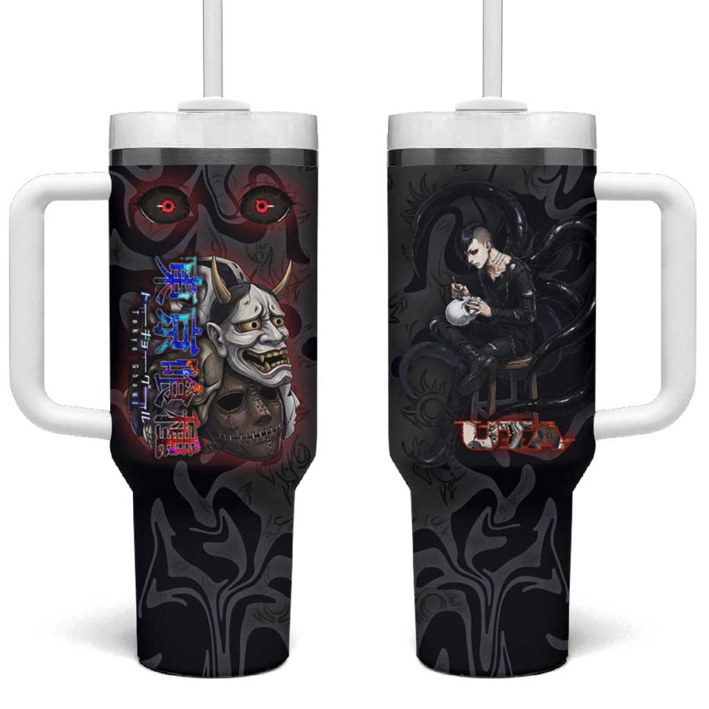 Uta Tokyo Ghoul Tumbler With Handle Dark Urban Tattoo Style with Oni Mask Elements