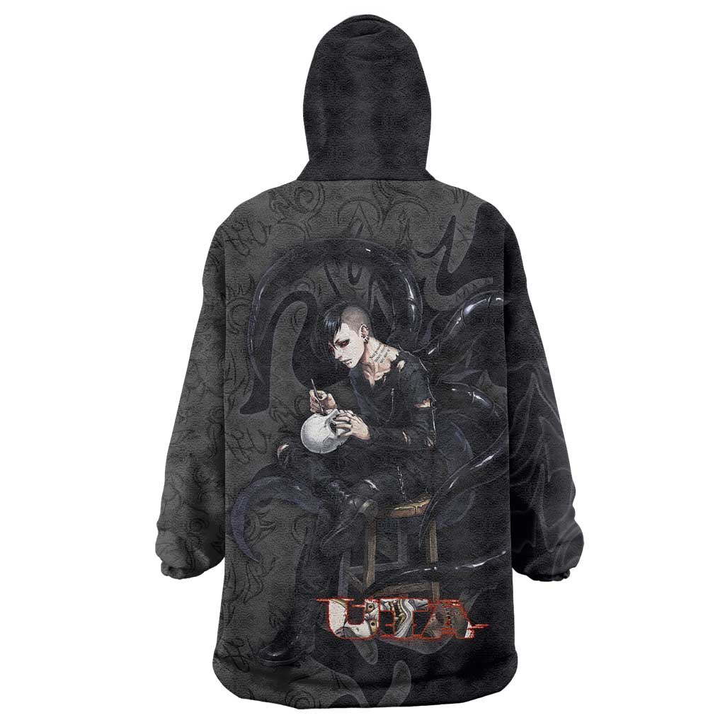 Uta Tokyo Ghoul Wearable Blanket Hoodie Dark Urban Tattoo Style with Oni Mask Elements