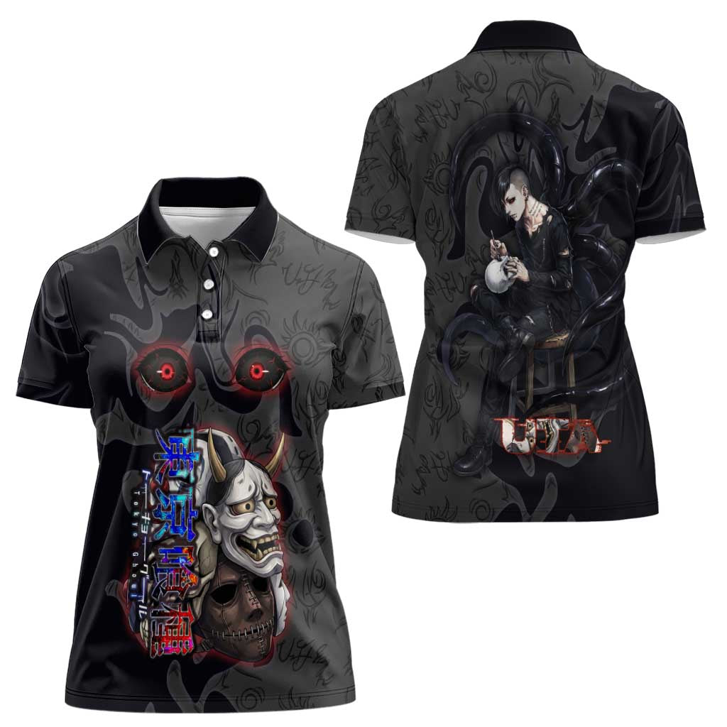Uta Tokyo Ghoul Women Polo Shirt Dark Urban Tattoo Style with Oni Mask Elements