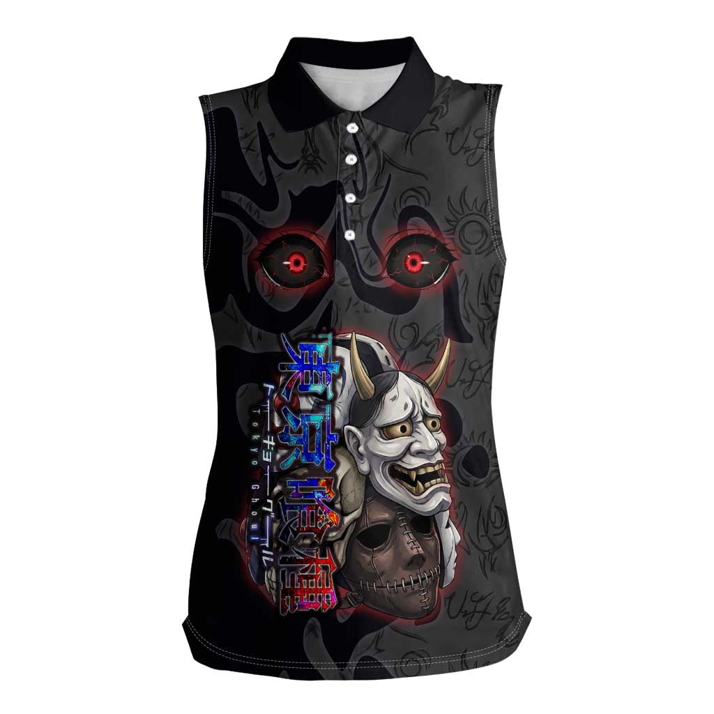 Uta Tokyo Ghoul Women Sleeveless Polo Shirt Dark Urban Tattoo Style with Oni Mask Elements