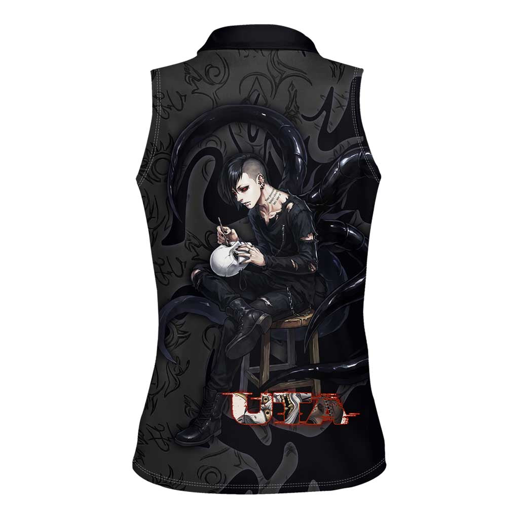 Uta Tokyo Ghoul Women Sleeveless Polo Shirt Dark Urban Tattoo Style with Oni Mask Elements