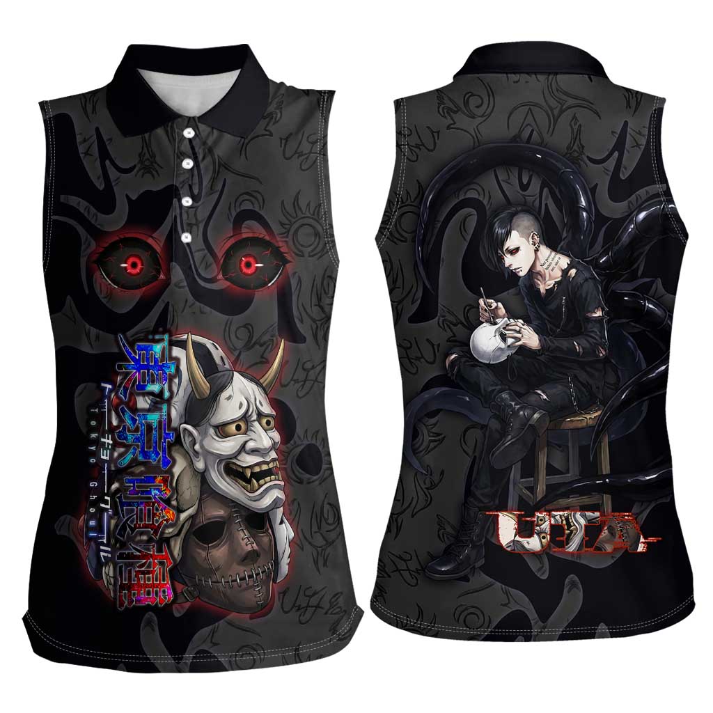 Uta Tokyo Ghoul Women Sleeveless Polo Shirt Dark Urban Tattoo Style with Oni Mask Elements