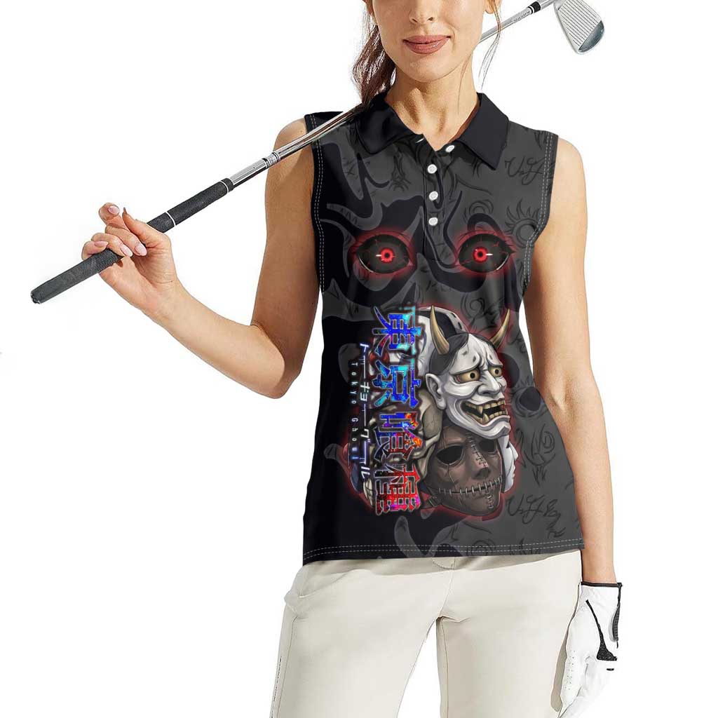 Uta Tokyo Ghoul Women Sleeveless Polo Shirt Dark Urban Tattoo Style with Oni Mask Elements