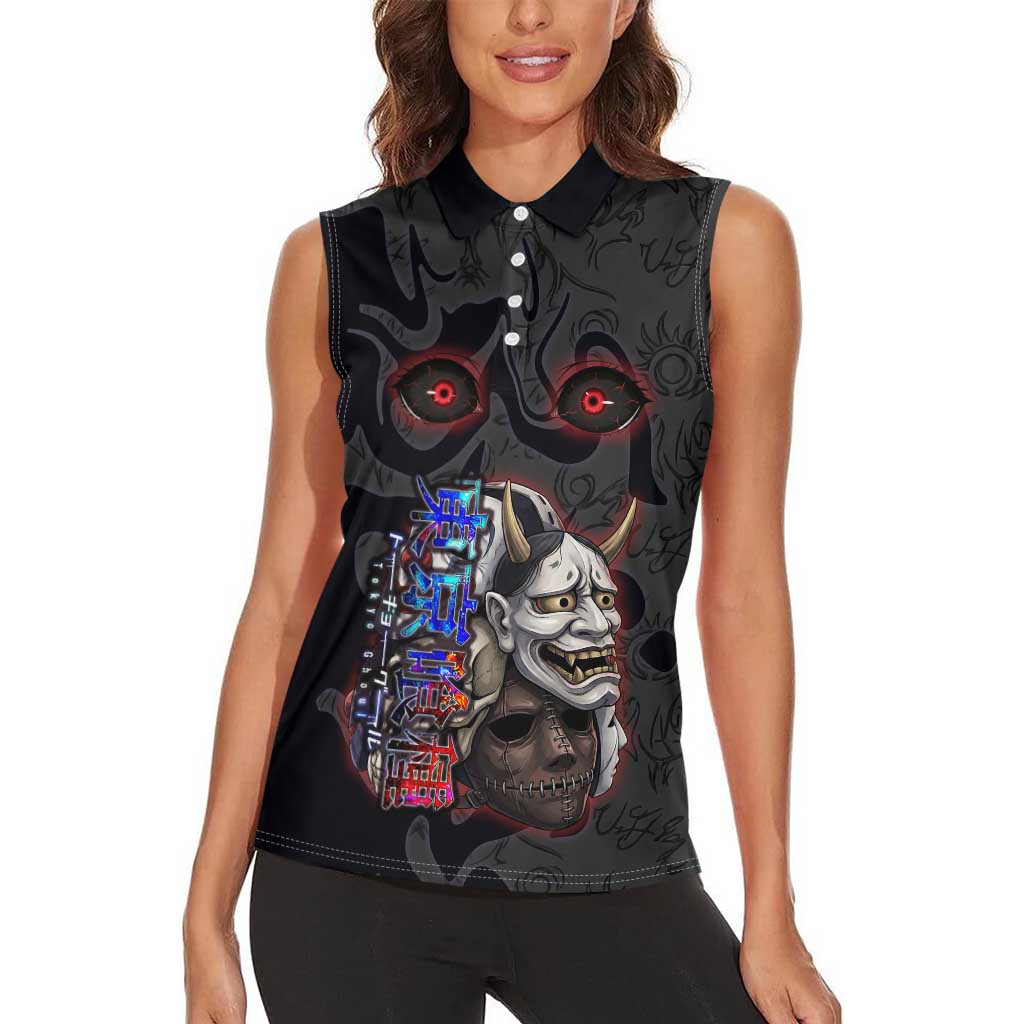 Uta Tokyo Ghoul Women Sleeveless Polo Shirt Dark Urban Tattoo Style with Oni Mask Elements