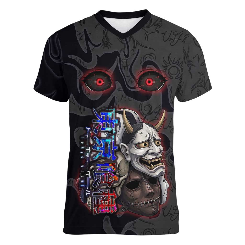 Uta Tokyo Ghoul Women V-Neck T-Shirt Dark Urban Tattoo Style with Oni Mask Elements