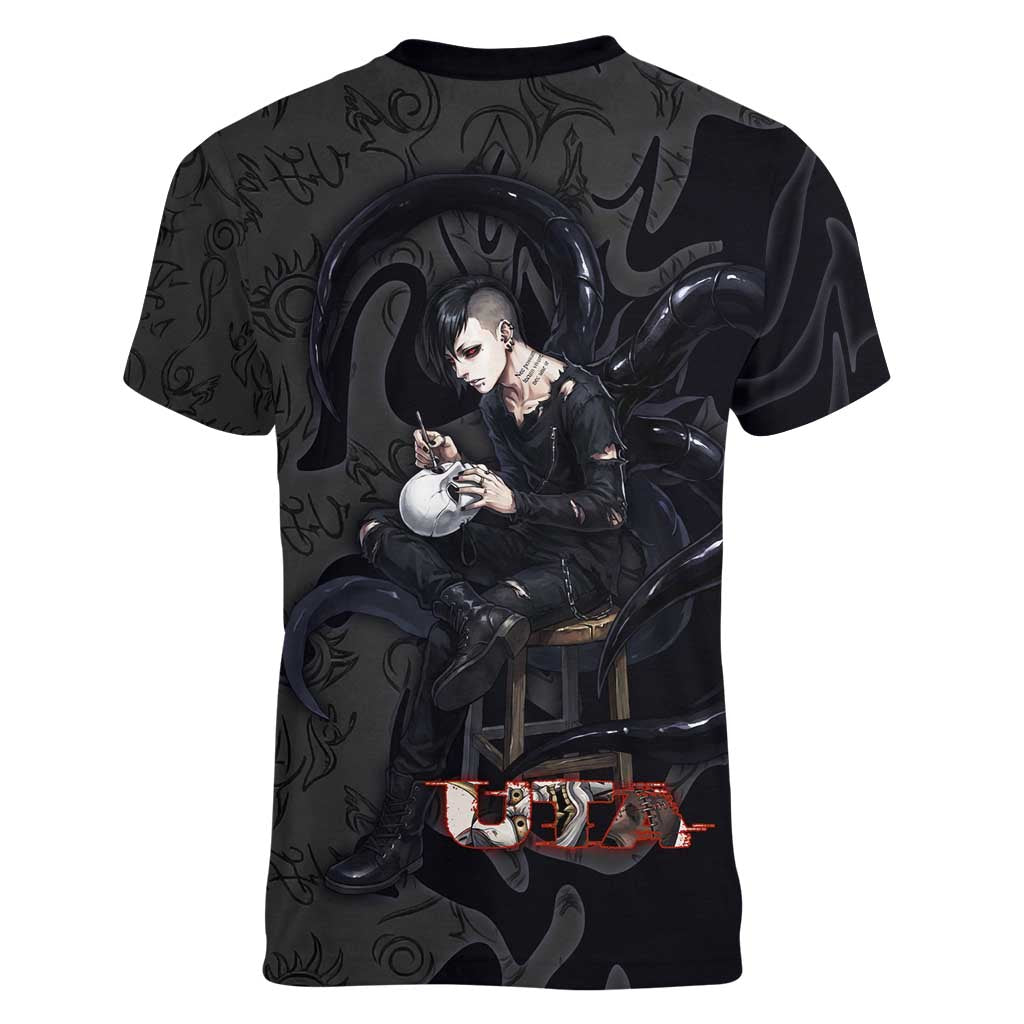 Uta Tokyo Ghoul Women V-Neck T-Shirt Dark Urban Tattoo Style with Oni Mask Elements