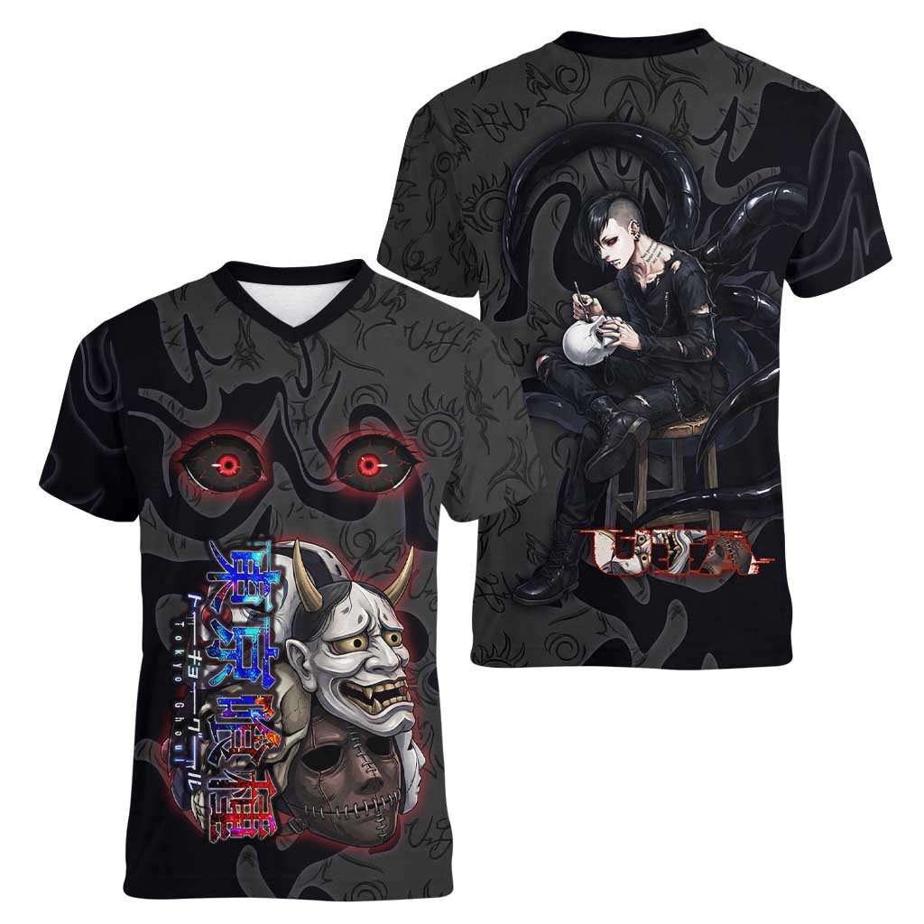Uta Tokyo Ghoul Women V-Neck T-Shirt Dark Urban Tattoo Style with Oni Mask Elements