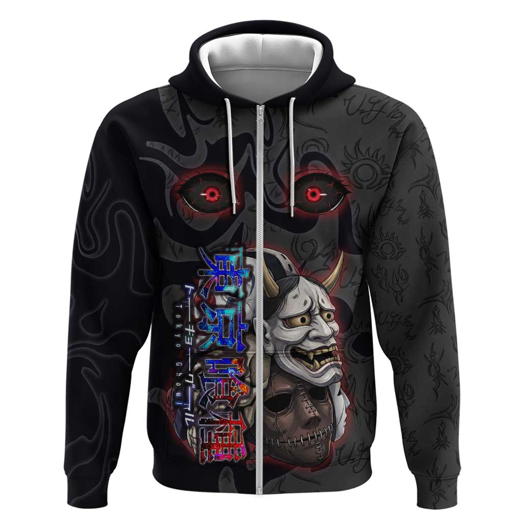 Uta Tokyo Ghoul Zip Hoodie Dark Urban Tattoo Style with Oni Mask Elements