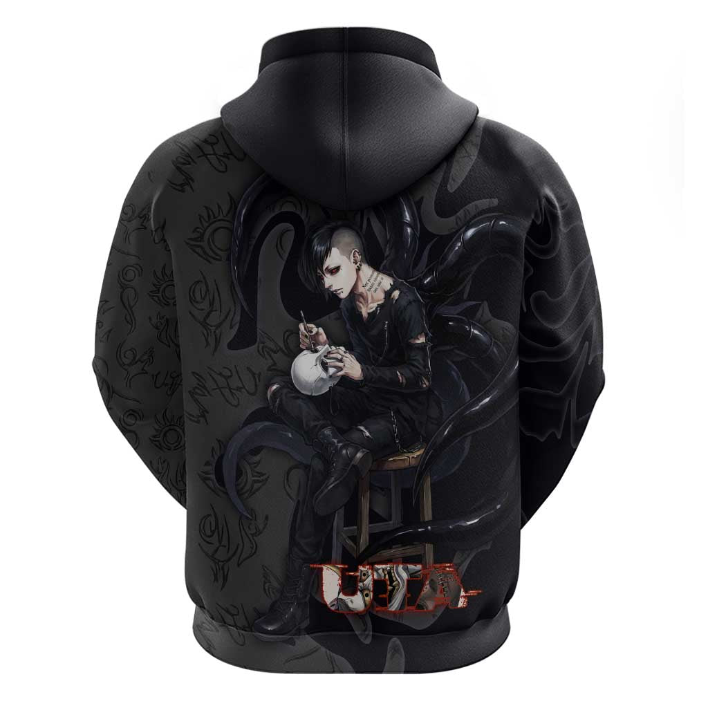 Uta Tokyo Ghoul Zip Hoodie Dark Urban Tattoo Style with Oni Mask Elements