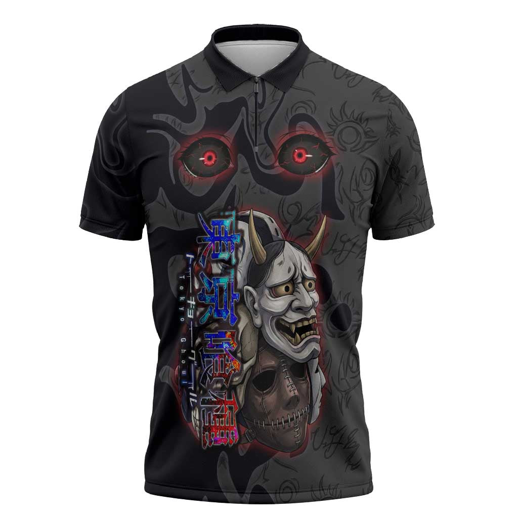 Uta Tokyo Ghoul Zipper Polo Shirt Dark Urban Tattoo Style with Oni Mask Elements