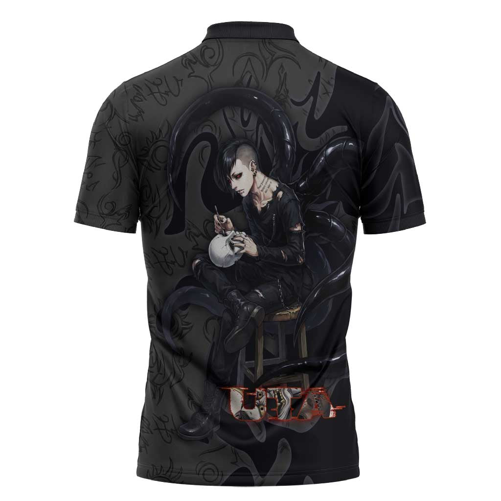 Uta Tokyo Ghoul Zipper Polo Shirt Dark Urban Tattoo Style with Oni Mask Elements