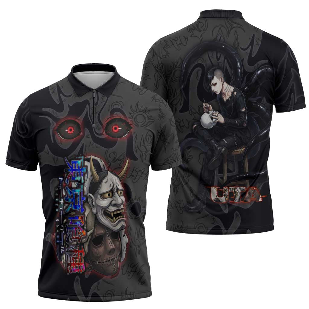 Uta Tokyo Ghoul Zipper Polo Shirt Dark Urban Tattoo Style with Oni Mask Elements