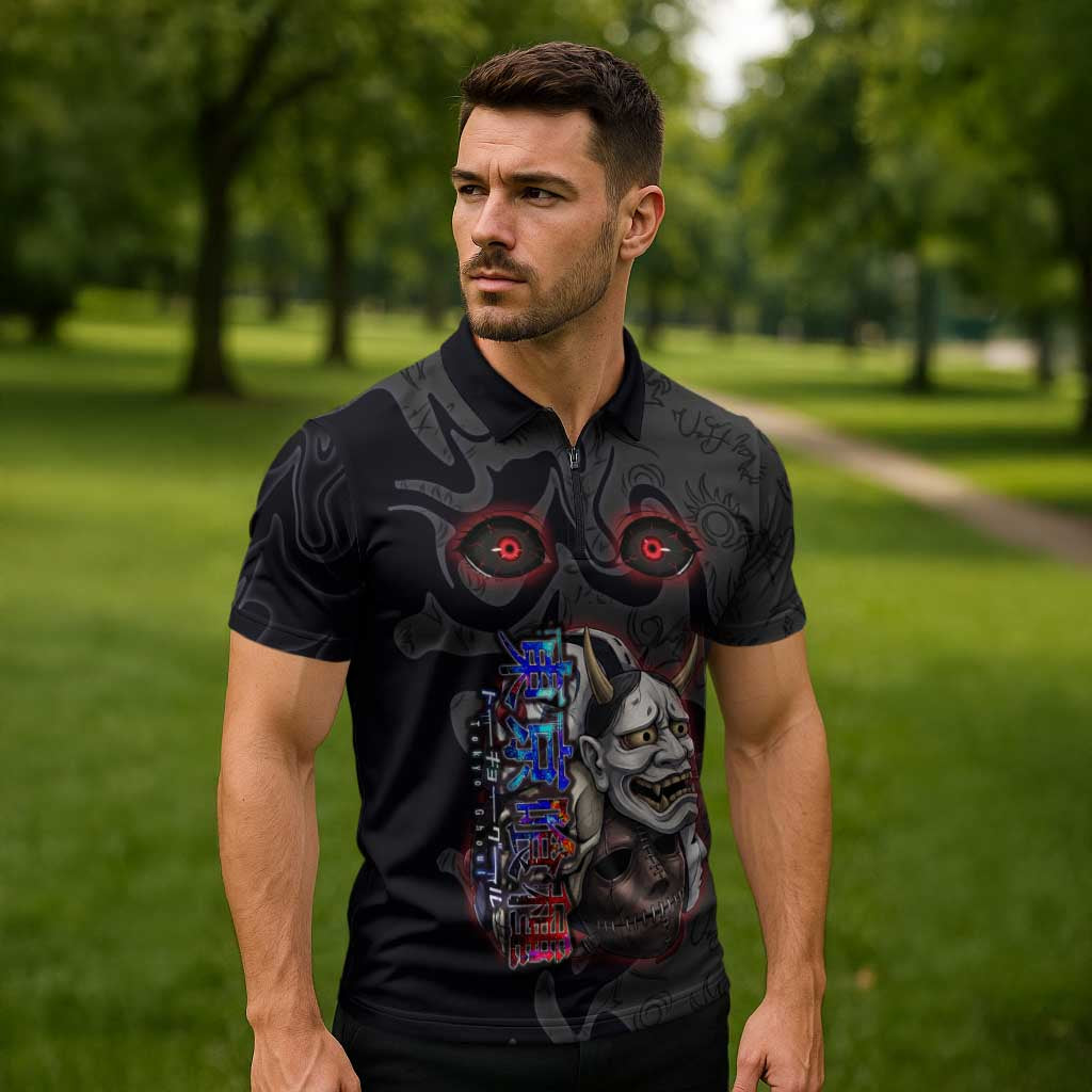 Uta Tokyo Ghoul Zipper Polo Shirt Dark Urban Tattoo Style with Oni Mask Elements