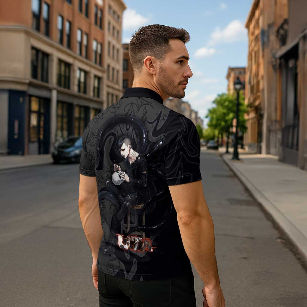 Uta Tokyo Ghoul Zipper Polo Shirt Dark Urban Tattoo Style with Oni Mask Elements