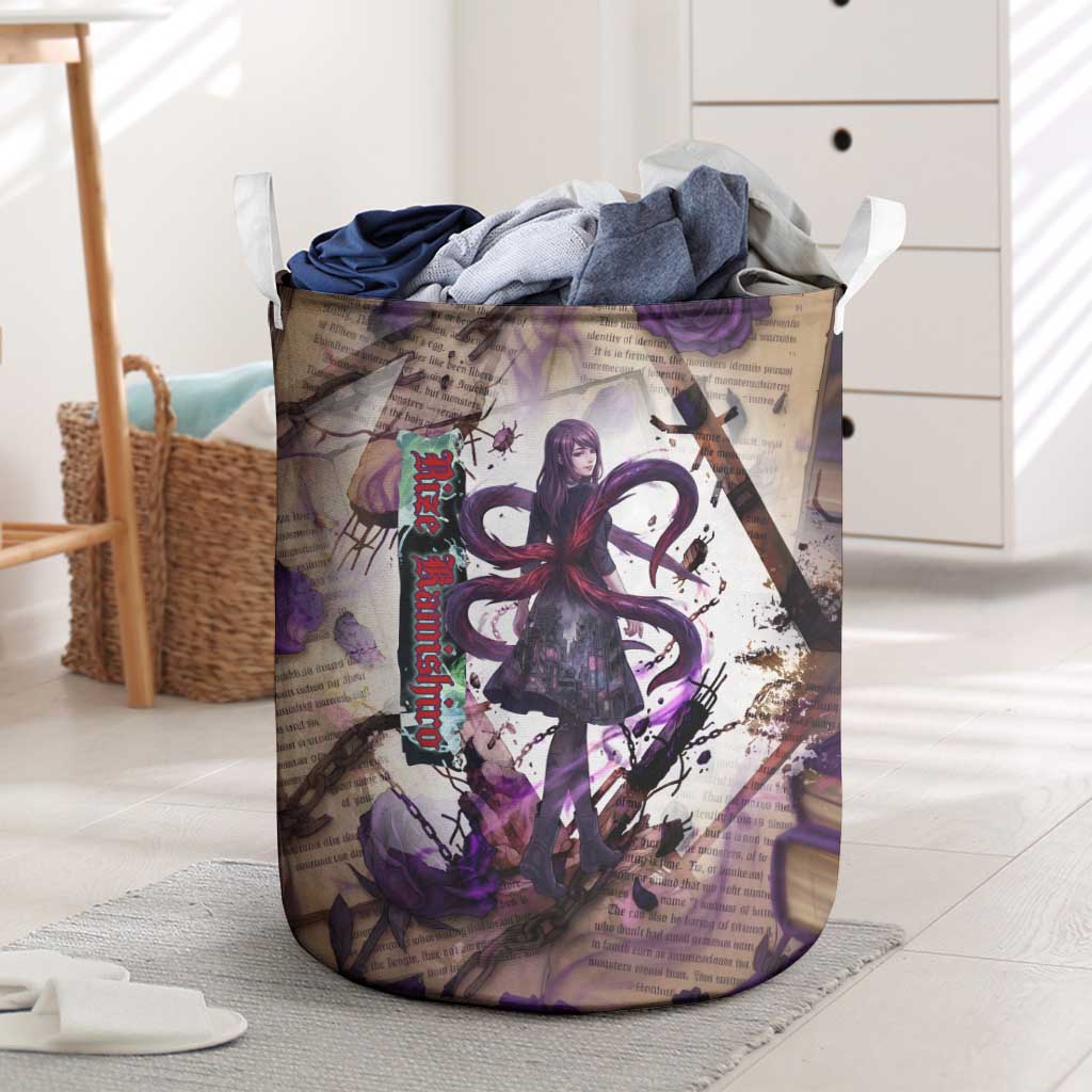 Rize Kamishiro Tokyo Ghoul Laundry Basket Gothic Collage Style with Newspaper and Purple Rose Motif