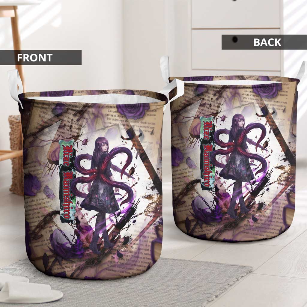 Rize Kamishiro Tokyo Ghoul Laundry Basket Gothic Collage Style with Newspaper and Purple Rose Motif