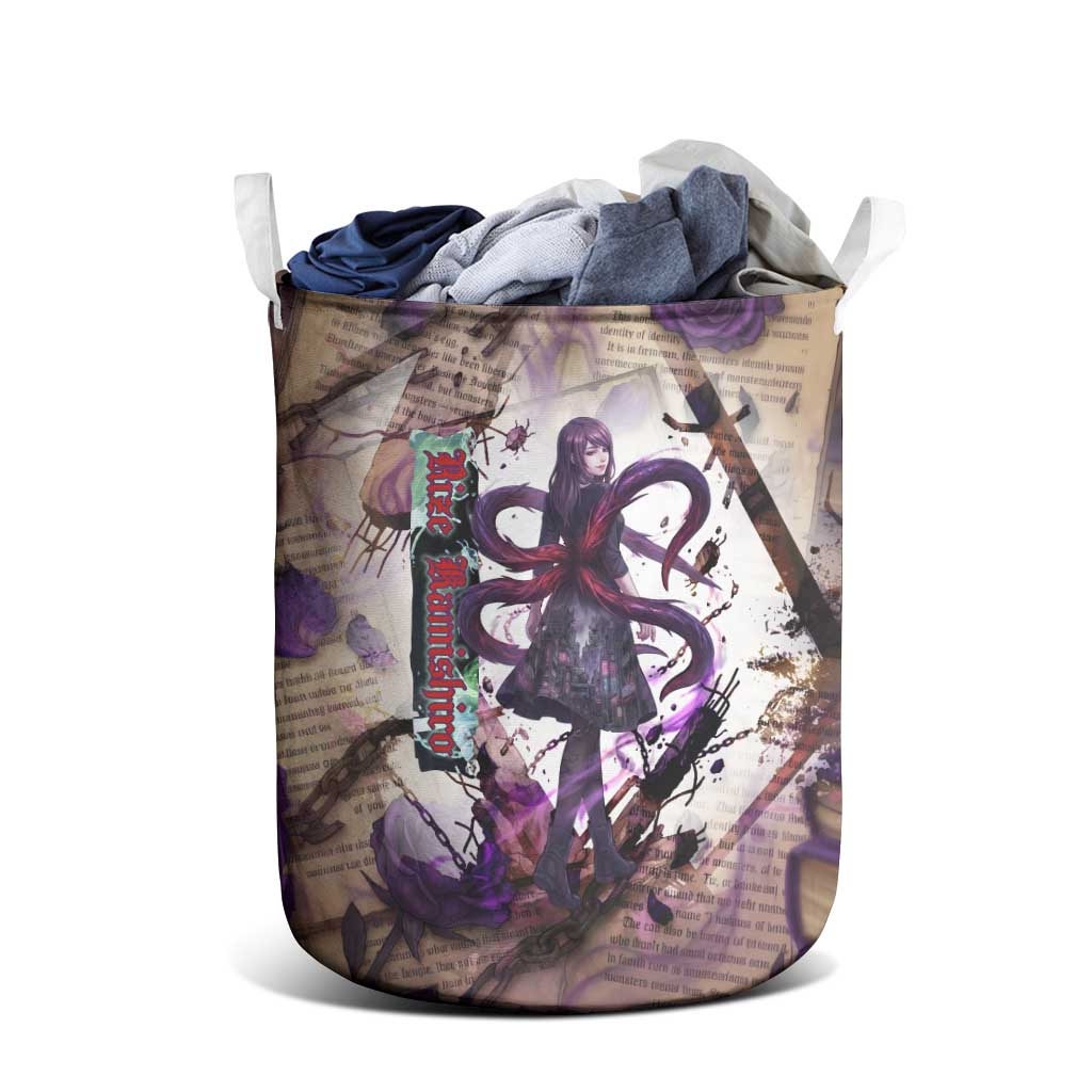 Rize Kamishiro Tokyo Ghoul Laundry Basket Gothic Collage Style with Newspaper and Purple Rose Motif