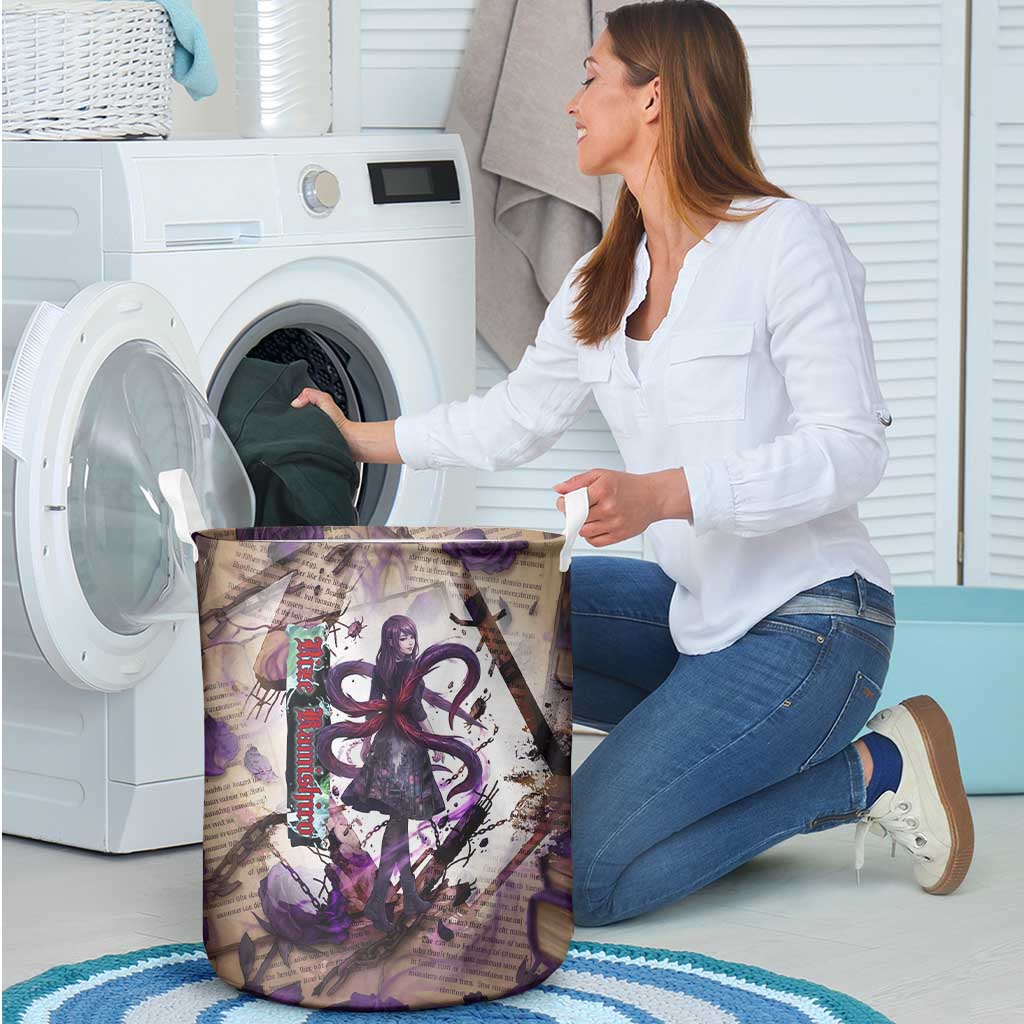 Rize Kamishiro Tokyo Ghoul Laundry Basket Gothic Collage Style with Newspaper and Purple Rose Motif
