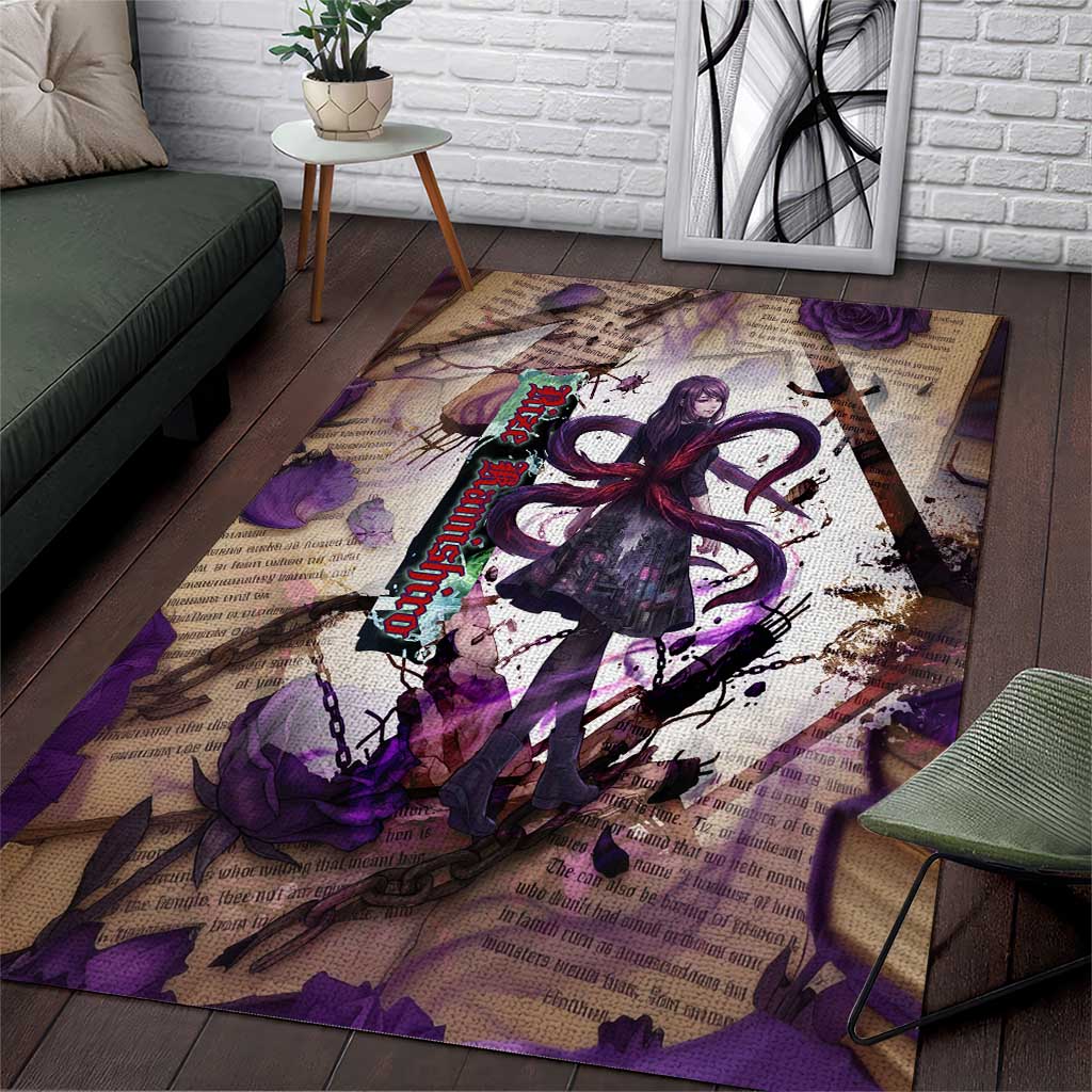 Rize Kamishiro Tokyo Ghoul Area Rug Gothic Collage Style with Newspaper and Purple Rose Motif