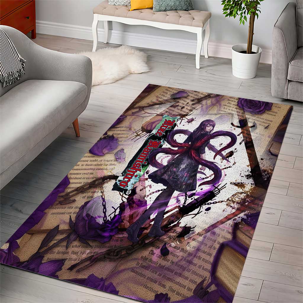 Rize Kamishiro Tokyo Ghoul Area Rug Gothic Collage Style with Newspaper and Purple Rose Motif
