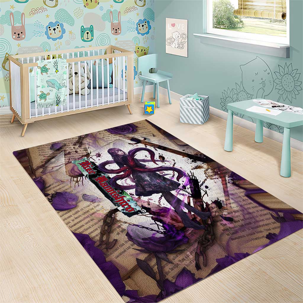 Rize Kamishiro Tokyo Ghoul Area Rug Gothic Collage Style with Newspaper and Purple Rose Motif