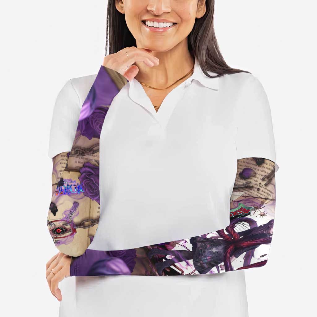 Rize Kamishiro Tokyo Ghoul Arm Sleeves Gothic Collage Style with Newspaper and Purple Rose Motif