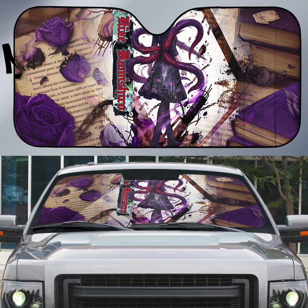 Rize Kamishiro Tokyo Ghoul Auto Sun Shade Gothic Collage Style with Newspaper and Purple Rose Motif