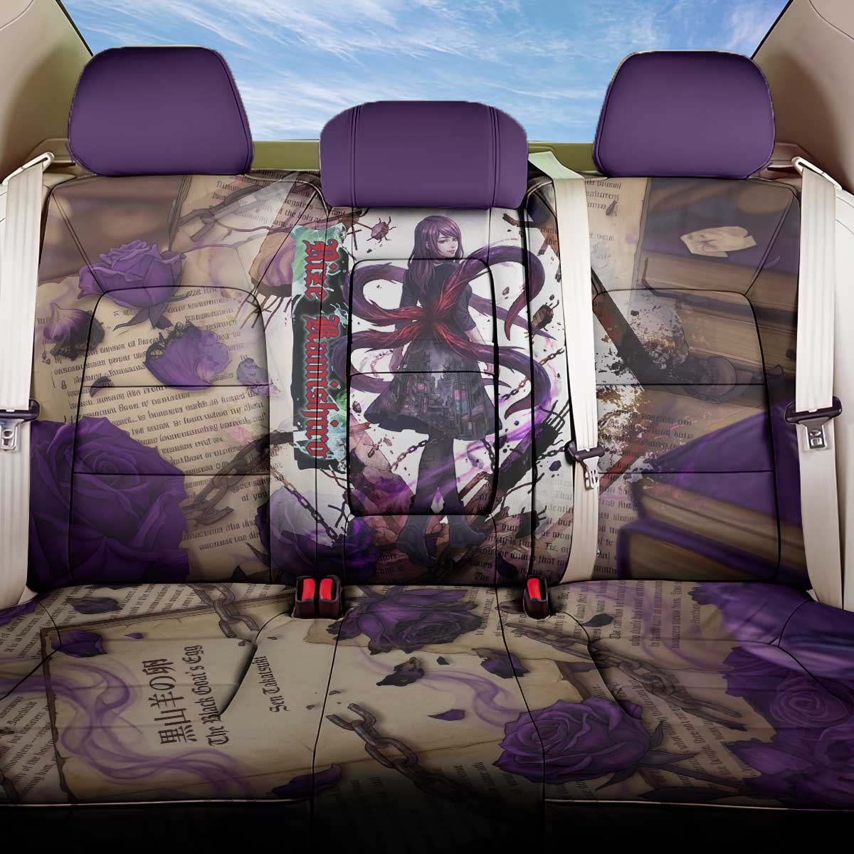 Rize Kamishiro Tokyo Ghoul Back Car Seat Cover Gothic Collage Style with Newspaper and Purple Rose Motif
