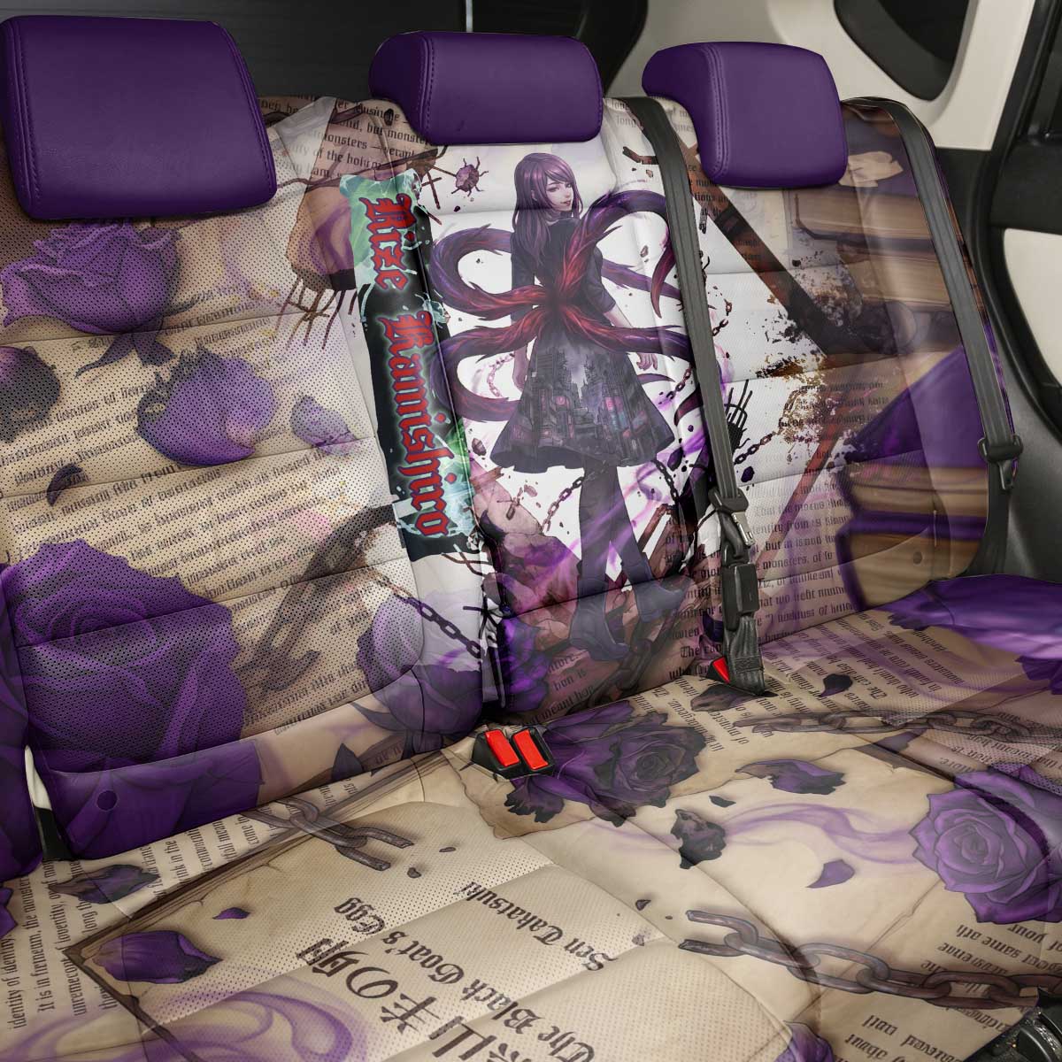 Rize Kamishiro Tokyo Ghoul Back Car Seat Cover Gothic Collage Style with Newspaper and Purple Rose Motif