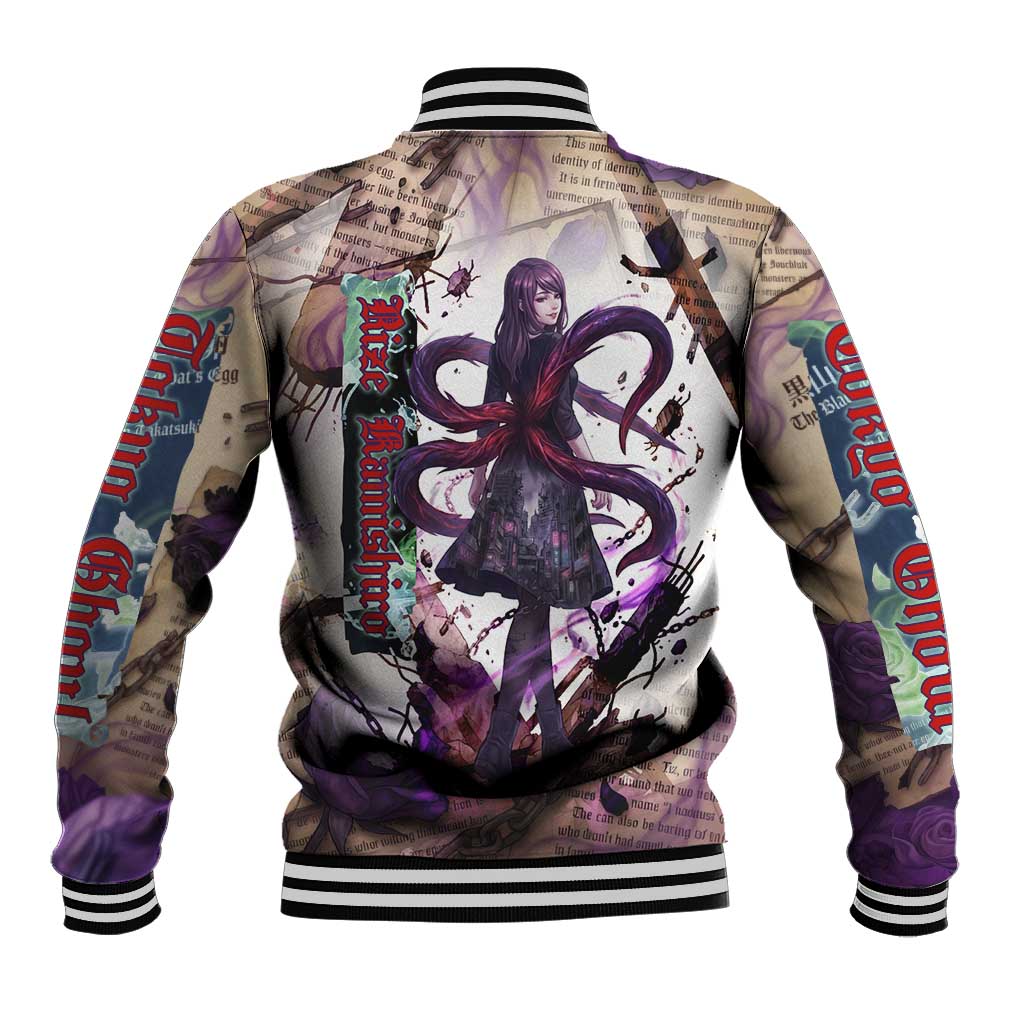 Rize Kamishiro Tokyo Ghoul Baseball Jacket Gothic Collage Style with Newspaper and Purple Rose Motif