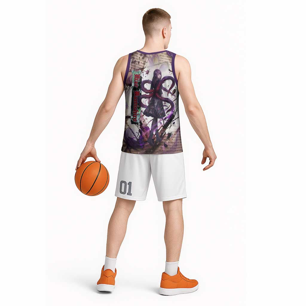 Rize Kamishiro Tokyo Ghoul Basketball Jersey Gothic Collage Style with Newspaper and Purple Rose Motif