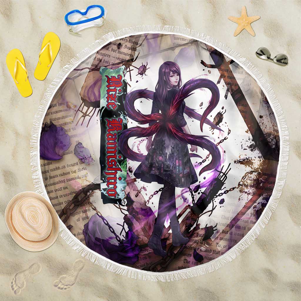 Rize Kamishiro Tokyo Ghoul Beach Blanket Gothic Collage Style with Newspaper and Purple Rose Motif