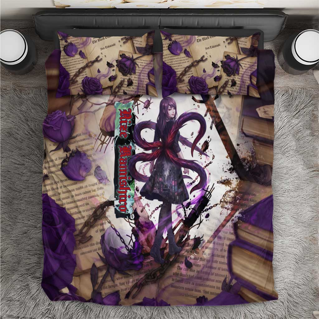 Rize Kamishiro Tokyo Ghoul Bedding Set Gothic Collage Style with Newspaper and Purple Rose Motif