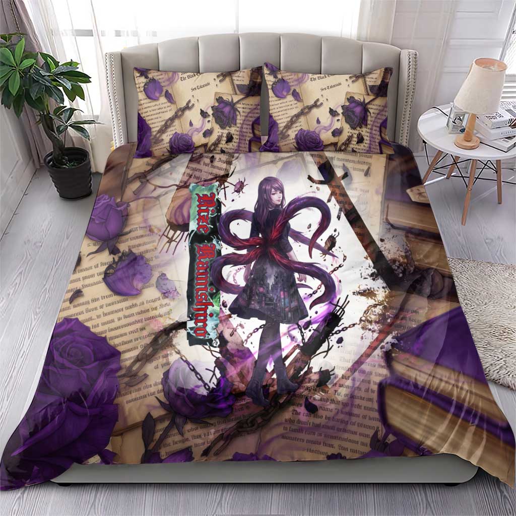 Rize Kamishiro Tokyo Ghoul Bedding Set Gothic Collage Style with Newspaper and Purple Rose Motif