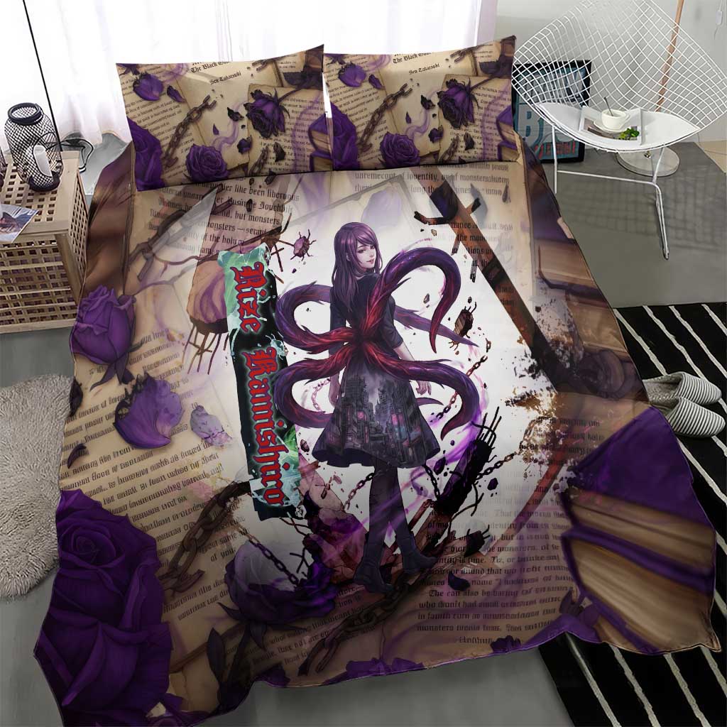 Rize Kamishiro Tokyo Ghoul Bedding Set Gothic Collage Style with Newspaper and Purple Rose Motif