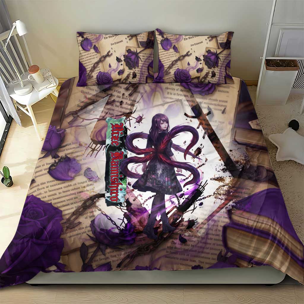 Rize Kamishiro Tokyo Ghoul Bedding Set Gothic Collage Style with Newspaper and Purple Rose Motif